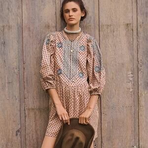 Anthropologie Tunic Embroidered Mauve Mini Dress Size S Boho Western Festival